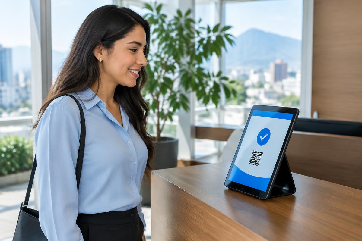 Colaboradora registrando su asistencia en una tablet en recepción